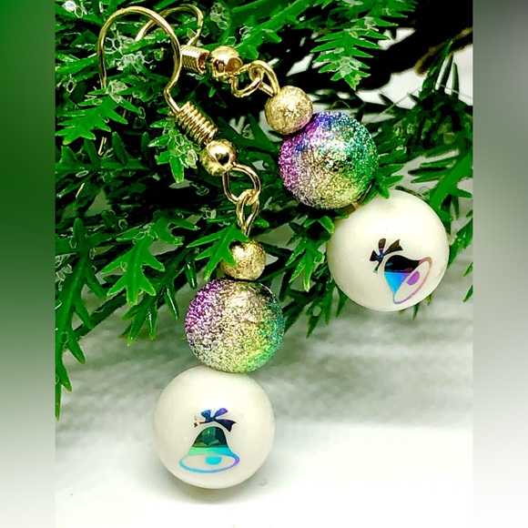 Christmas Bell Purple Blue Green Gold Stardust & Metallic Glass Dangle Earrings - Picture 2 of 4